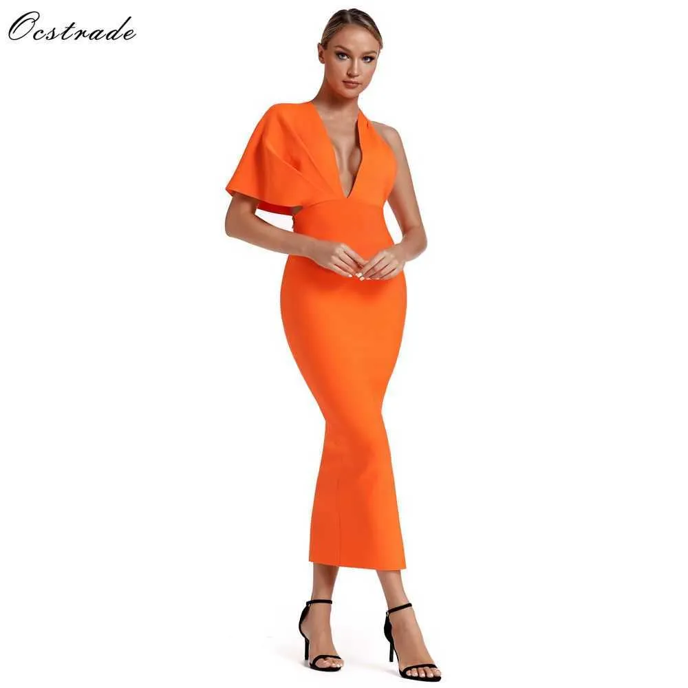 Ocstrade été orange drapé bandage maxi robe célébrité ES Sexy Highless Long Soirée Party 210527