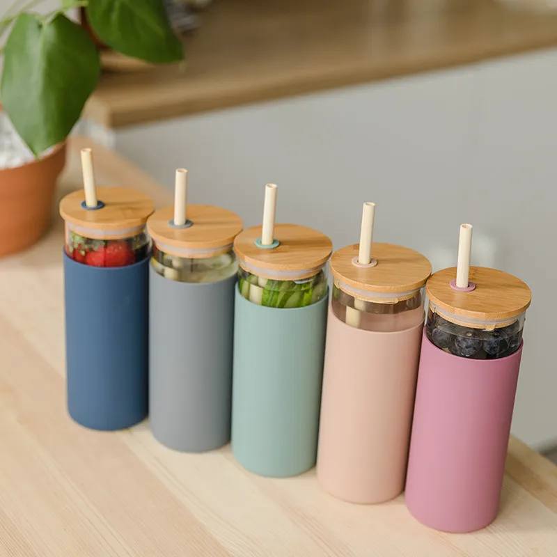 500Ml Glass Water Tea Tumblers Bottles Bamboo Lid Silicone Sleeve Coffee Drinking bottle With Straw