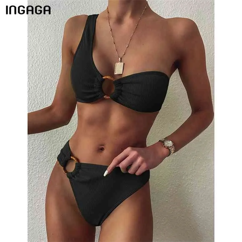 Ingaga One Ramię Bikini Swimsuit Damska Swimsuit Swimwear Seksowne Pierścienie Biquini Black Ribbed Beachwear Brazylijski Bikinis 210630