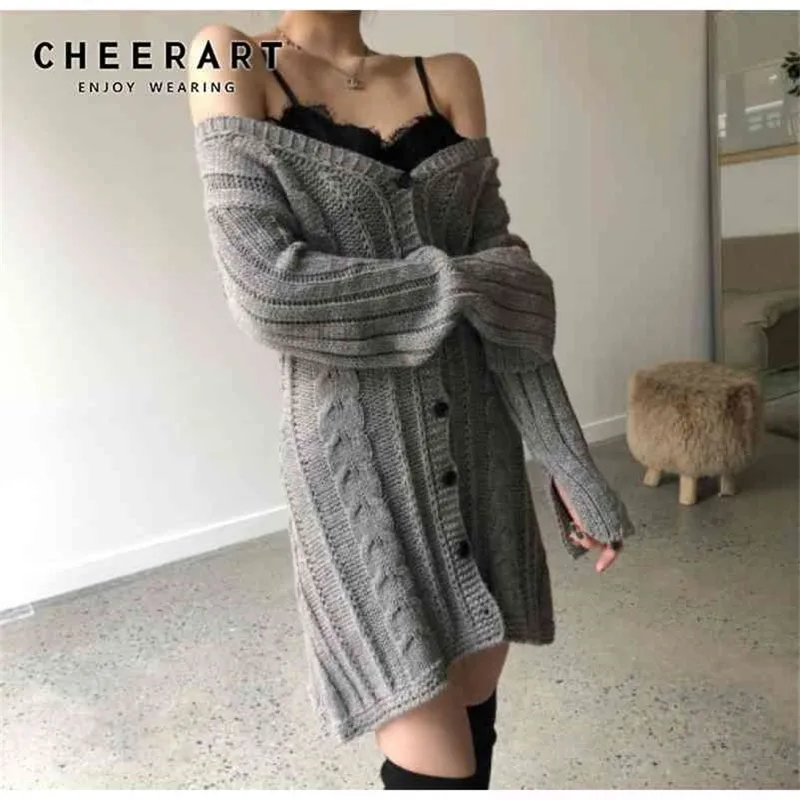 Grey Maglione Dress V Collo a V Maglia fuori spalla Donne Bottony Up Ladies Bodycon Abbigliamento invernale 210427