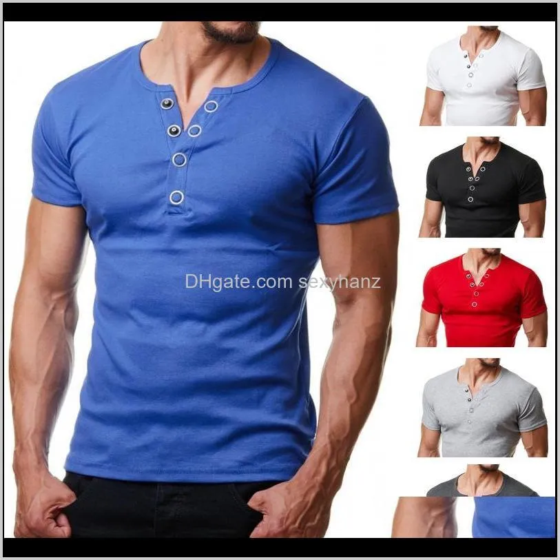 Tees S roupas vestuário entrega entrega 2021 T homens verão moda v pescoço manga curta camiseta Casual Slim Fit Metal botão Design Mens T-Sh