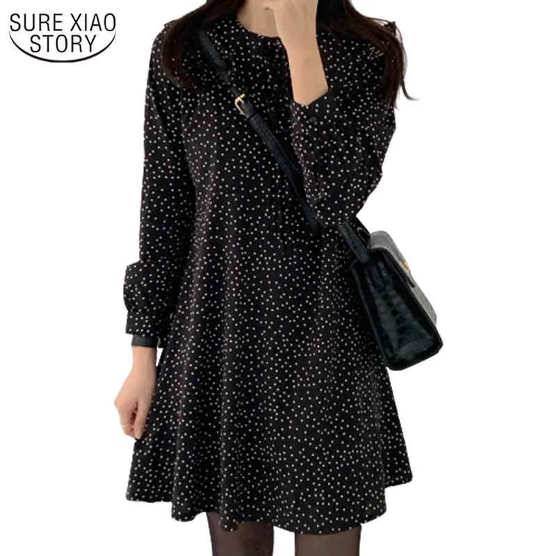 Jupe Femme automne femmes robe coréenne noir à pois a-ligne Vestidos à manches longues col rond robes douces pour les femmes 10840 210508