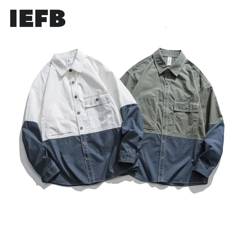 IEFB Spring Showing Contrast Color Workwear с длинным рукавом повседневные рубашки мужские казуал топы двойные карманы блузка 9Y6068 210524