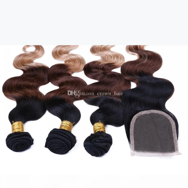Estensioni brasiliane di capelli umani ombre con chiusura del pizzo di capelli 3 Colore # 1b 4 27 Bundles con chiusura a pizzo 4 pezzi lotto