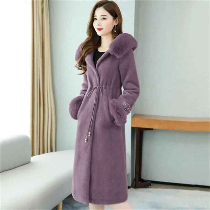 Office Ladies Winter Outerwear Long Faux Fur Coat Women Maxi Overcoat Fur Collar Hoody Drawstring Waist Fluffy Jacket 210927