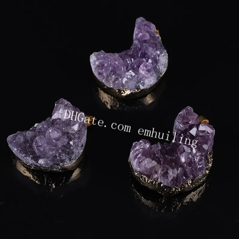 Mini Natural Rough Raw Amethyst Stone Druzy Geode Moon Pendant Crescent Gold Plated Agate Quartz Drusy Crystal Cluster Gemstone Charms for Jewelry Making DIY Craft