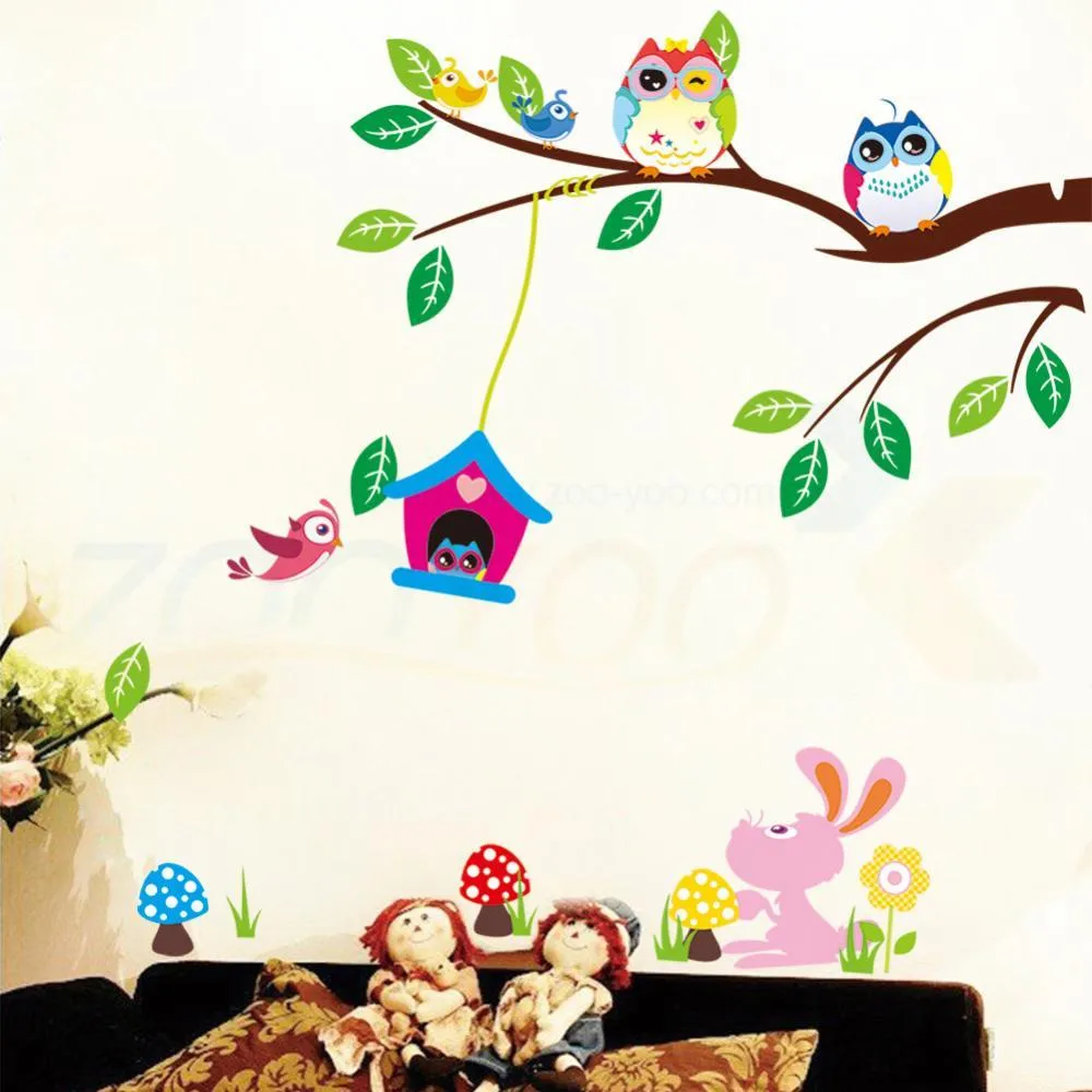 Gufi po cornice adesivi murali decorazione della casa camera da letto animali decalcomanie della parete arte murale soggiorno cartone animato fiore vite zooyoo1021 210420