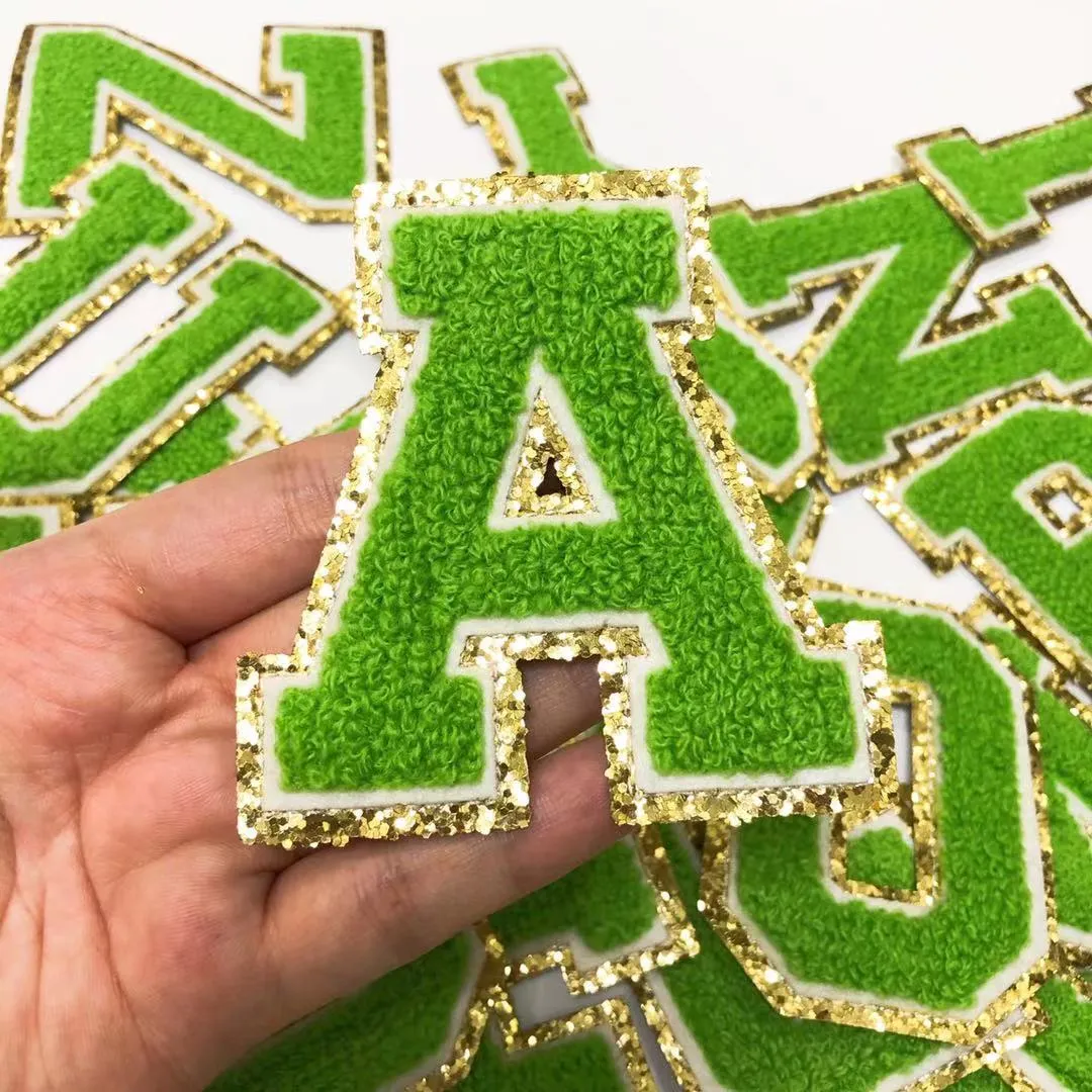 Patch Letter Green / Gold Chenille Patches Iron on / Sew on Alphabet  Embroidery