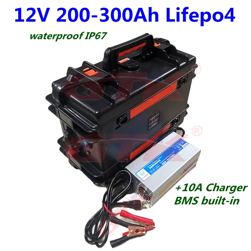 ポータブル12V 300AH 250AH 280AH 200AH LifePO4リチウムバッテリー12V BMSトローリング用モーターモーターホームソーラーシステムRV+20A充電器