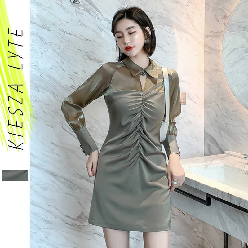 Coreano Casual mujer camisa vestido Oficina señoras elegante manga larga Patchwork Mini Vestidos primavera Mujer Vestidos 210608