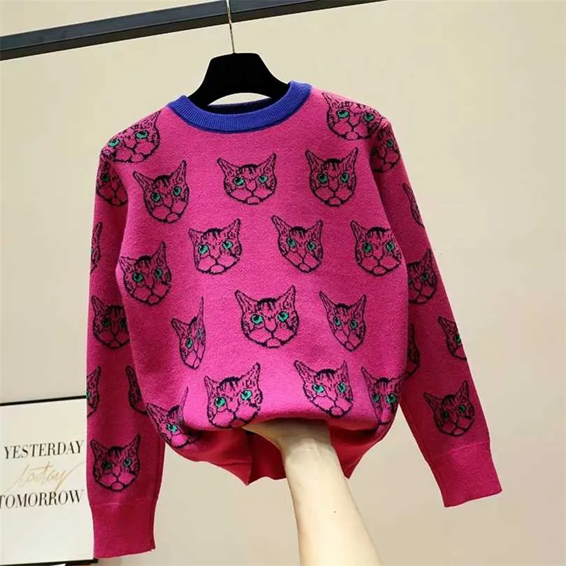 Fashion Women Sweater Warm Cartoon Cat Jacquard Jumper Long Sleeve Knitwear Autumn Winter Female Casual Pullover Knitted Tops 211018