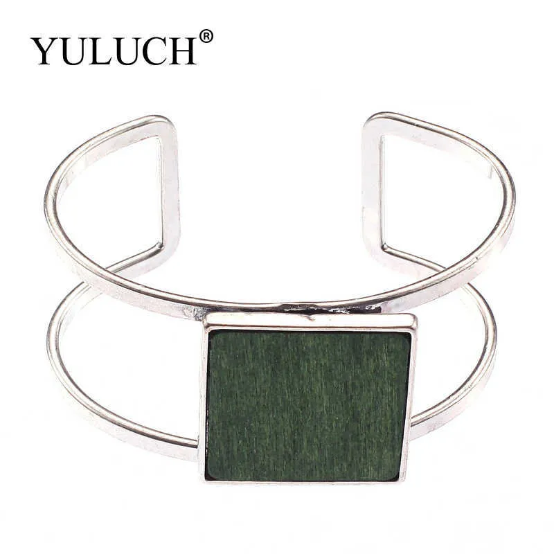 Yuluch Ouverture Design Bracelets en métal pour femme avec rectangle en bois Simple Géométrique Alliage à la mode Femmes / Dames / Filles Bijoux Q0719