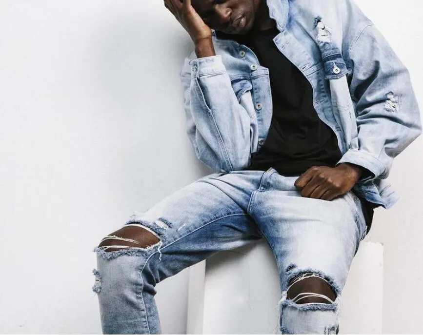 Denim distressed joggers clearance