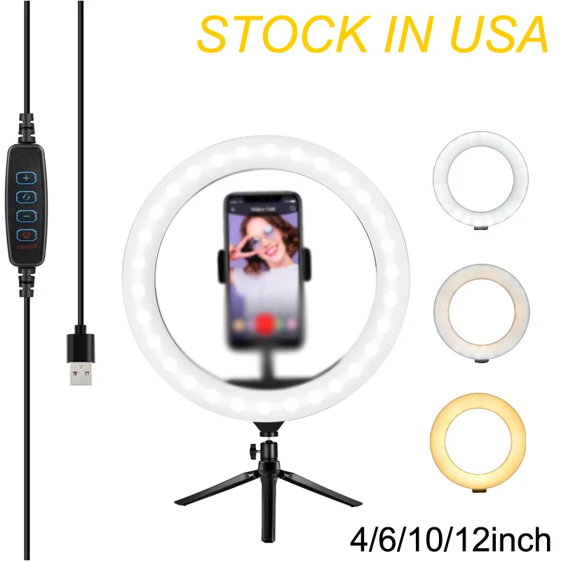 6-дюймовые светодиодные светодиодные настольные Selfie USB светодиоды стола камеры риинграммы 3 цвета освещения с штатив стенд держатель сотового телефона и для фотографии макияж живой потоковой передачей