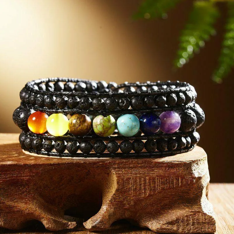 Bohemian Natursten Armband Sju Chakras Handgjorda Stettbar Elastisk Bangle För Kvinnor Gåvor Smycken Tillbehör