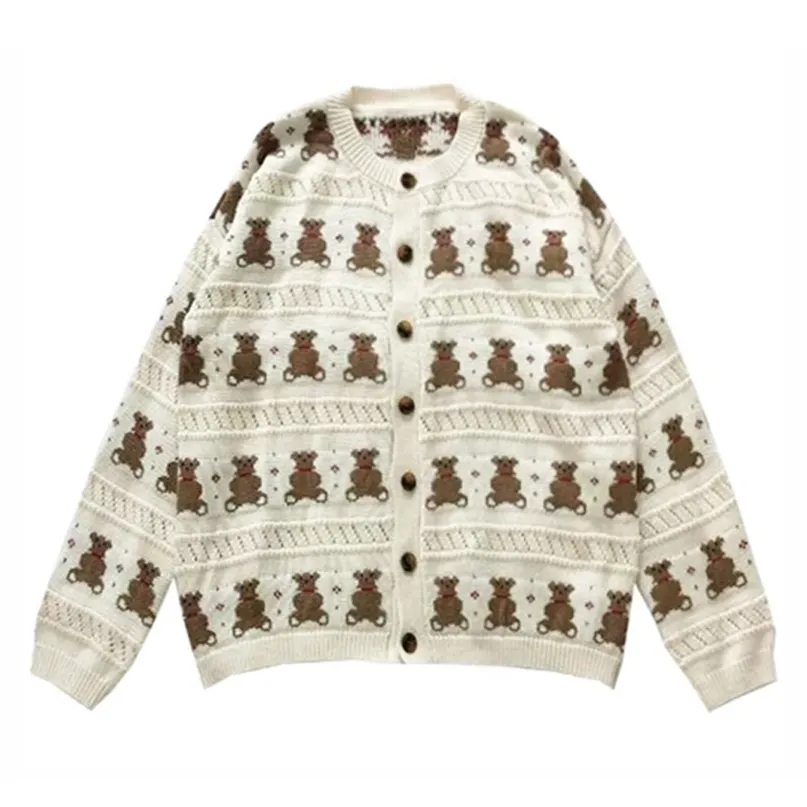 Być może U Kobiety Krótki Sweter Krótki Sweter Knitted O Neck Cardigan Button Polka Beige Bear Cartoon Outwear Jesień M0144 211011
