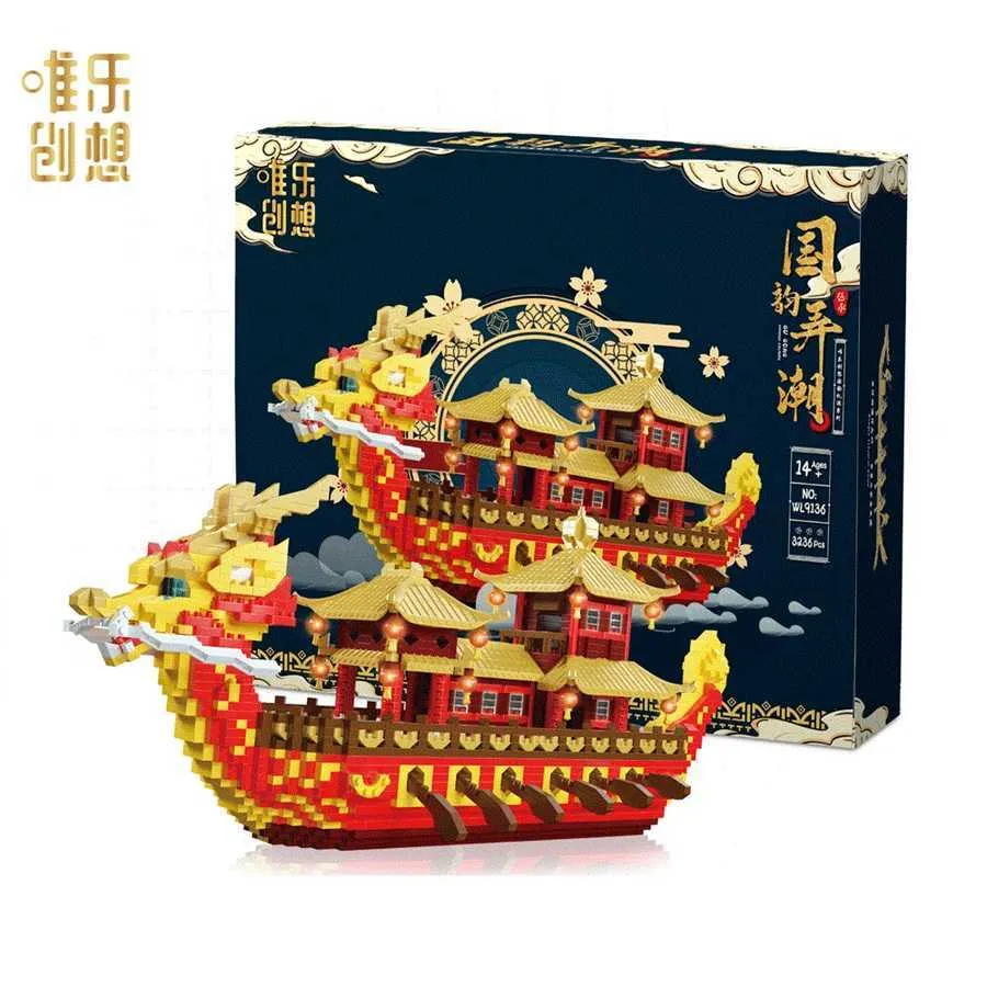 Luxury Chinese Character 3236PCS YZ Mini Blocks Architecture Dragon Boat Model Kids Toys Children Gifts Holiday Present 9136 Q0723