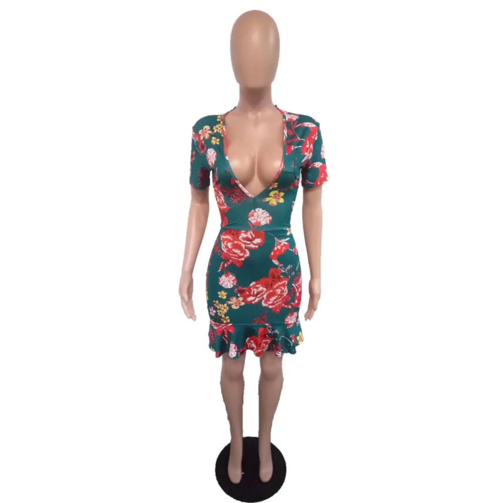 Vestito a trapezio con orlo arricciato sul retro con incrocio verde donna Streetwear Guaina Flora Stampa manica corta sopra il ginocchio Mini abito da festa estivo X0521