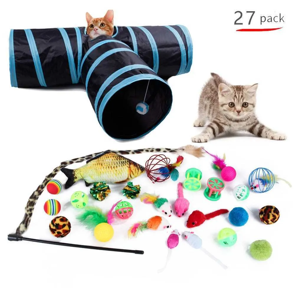 21/27pcs animaux de compagnie chat jouets ensemble tunnel pliable plume drôle bâton sisal souris cloche boule chaton accessoires interactifs 210929