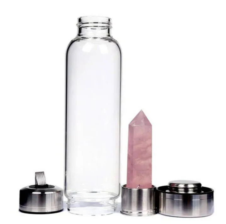 Natural Quartz Gemstone Glass Water Bottle Direct Drinking Cup Glass Crystal Obelisk Wand Healing Wand Bottle With Rope