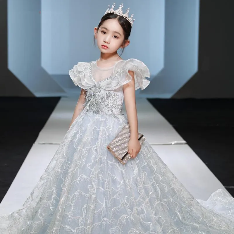 Vestidos da menina 2021 crian as luxo meninas anivers rio festa de casamento princesa longa cauda vestido crian as adolescentes elegantes modelo