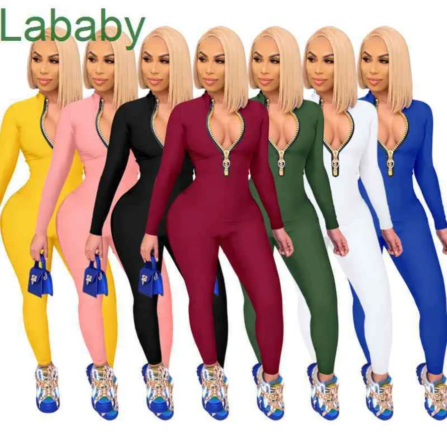 Women Jumpsuits Designer Slim Sexy Long Sleeve Pants Zipper Onesies Ladies Solid Color One Pieces Pants Rompers 7 Colours