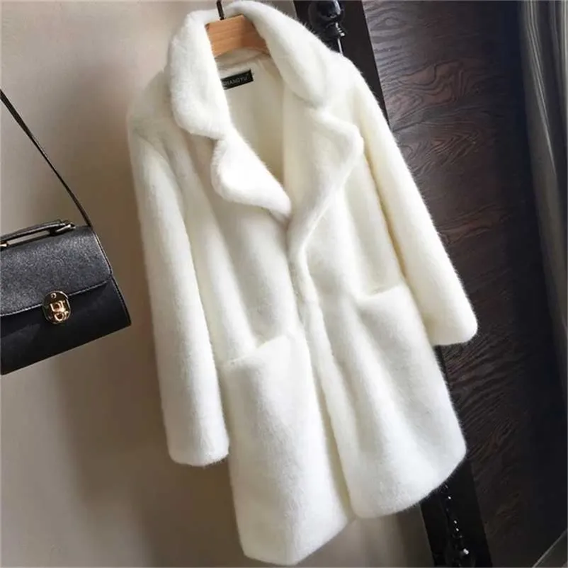 HSTAR Women Mink Faux Fur Coat Solid Kvinna Slå ner Krage Vinter Varm Fake Fur Lady Coat Casual Jacket 211122