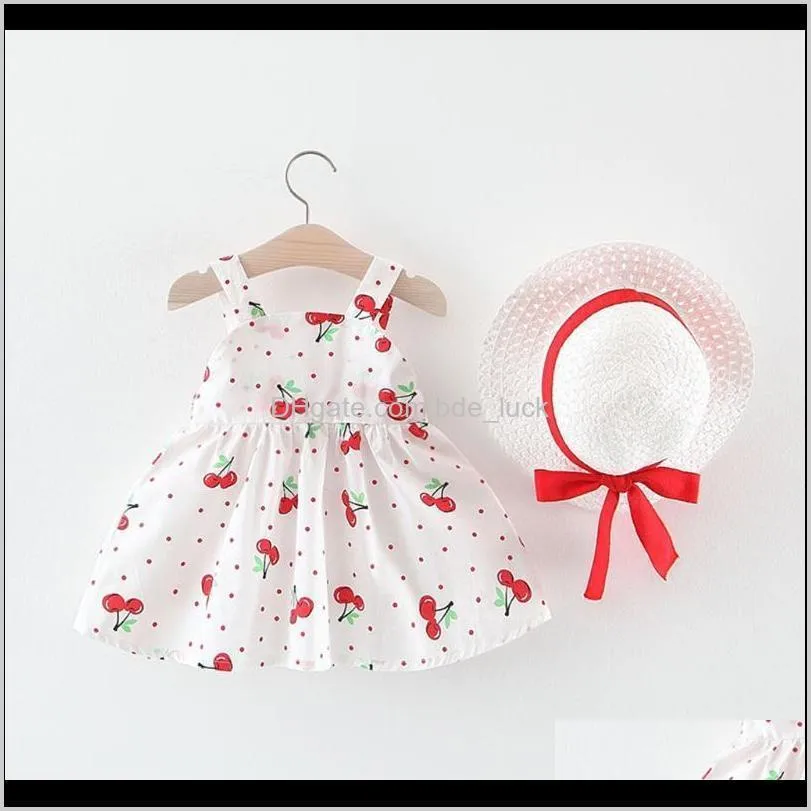 Toddler Dress For Girls Sleeveless Cherry Bow Princess Dresses Bow Hat Outfits 1st Birthday Dress Bebek Elbise Baby Girl Cothes