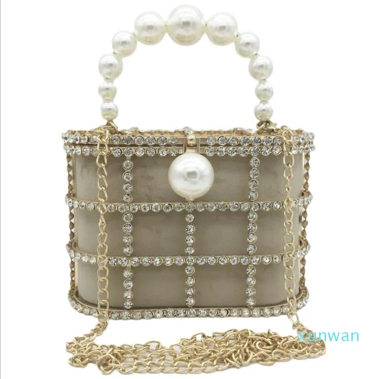 European and American women's bag metal bucket bag pearl diamond handbag extract chain