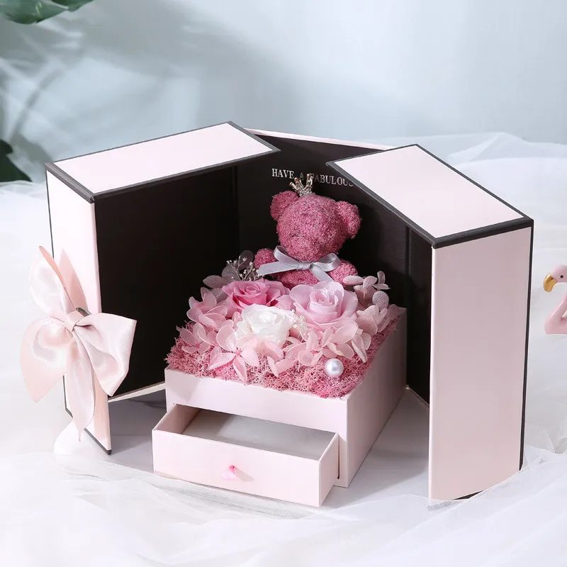 Orso giocattolo Vita eterna Fiore Confezione regalo Doppia porta Collana rosa Scatole regalo Rossetto per compleanno San Valentino Regali per la mamma