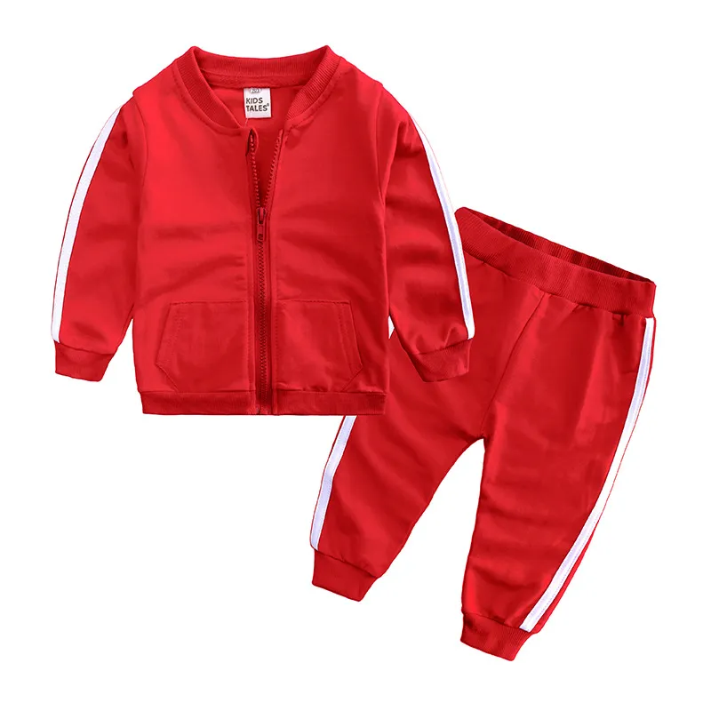 ملابس طفلة للقطن طويل الأكمام سترة سحاب صلبة+سروال 2pcs bebes tracksuit