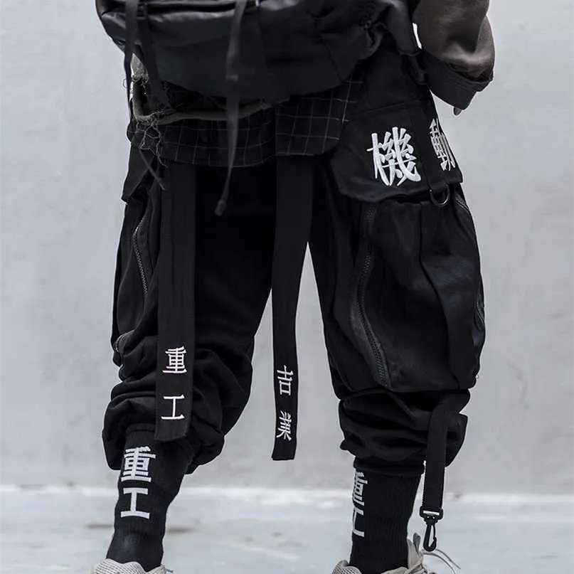 Japonês Streetwear Techwear Carga Calças para Homens Baggy Largura Pé Black Bext 211006