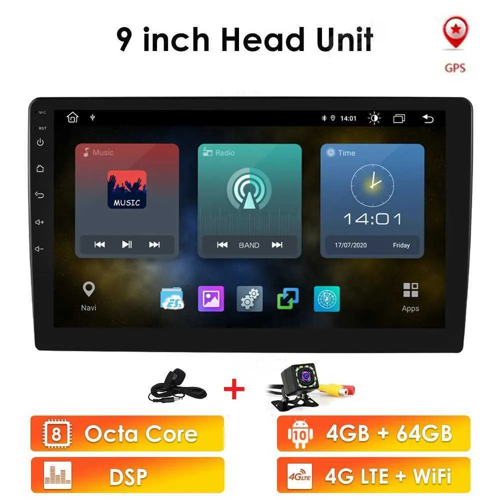 Обновление 9 дюймов Android 10 Автомобиль Аудио Стерео 2din Bluetooth Wi-Fi GPS NAV Quad Core Autoradio Видео Мультимедийный плеер 4 + 64/2 + 32
