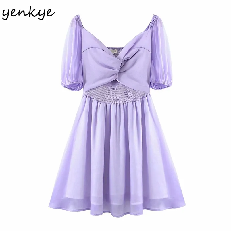 Fashion Women Purple Elegant Party Dresses Front Knot Sexy V Neck Short Sleeve A-line Chiffon Summer Dress Mini Vestido 210514