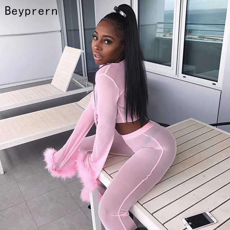 Pink Mesh Tracksuit Women Cute Faxu Fur passar Two Piece Sexy Tie Up Mesh Crop Top och Flare Pants Set Party Outfits T200528