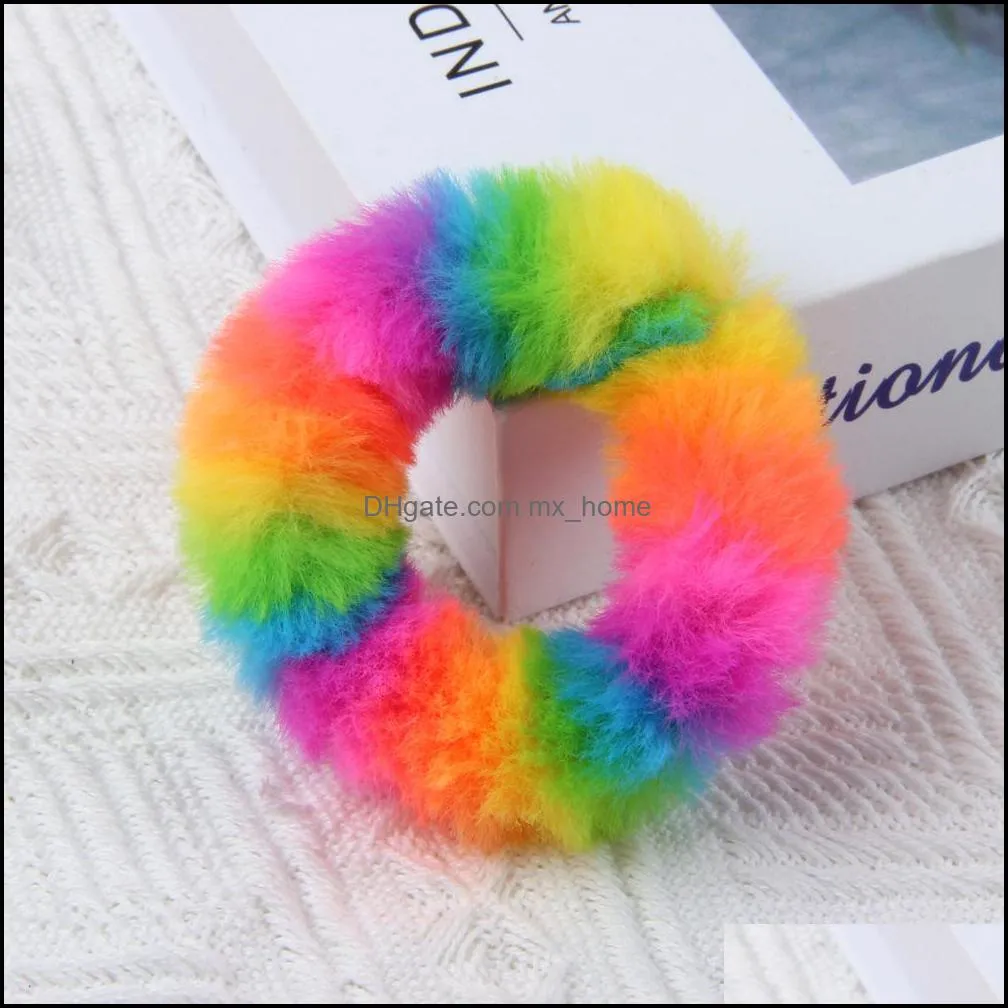 Ponytail Holder Hair Scrunchy Accessories Elastic Band Rainbow Plush Hairbands for Women Girl Ties Ropes Winter hairband Z5133