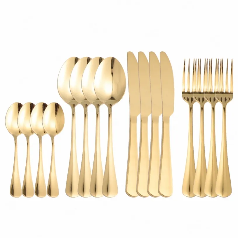 Guld bestick set western bestick 16st kniv gaffel sked middag service rostfritt stål dinnerware porslin s 211228