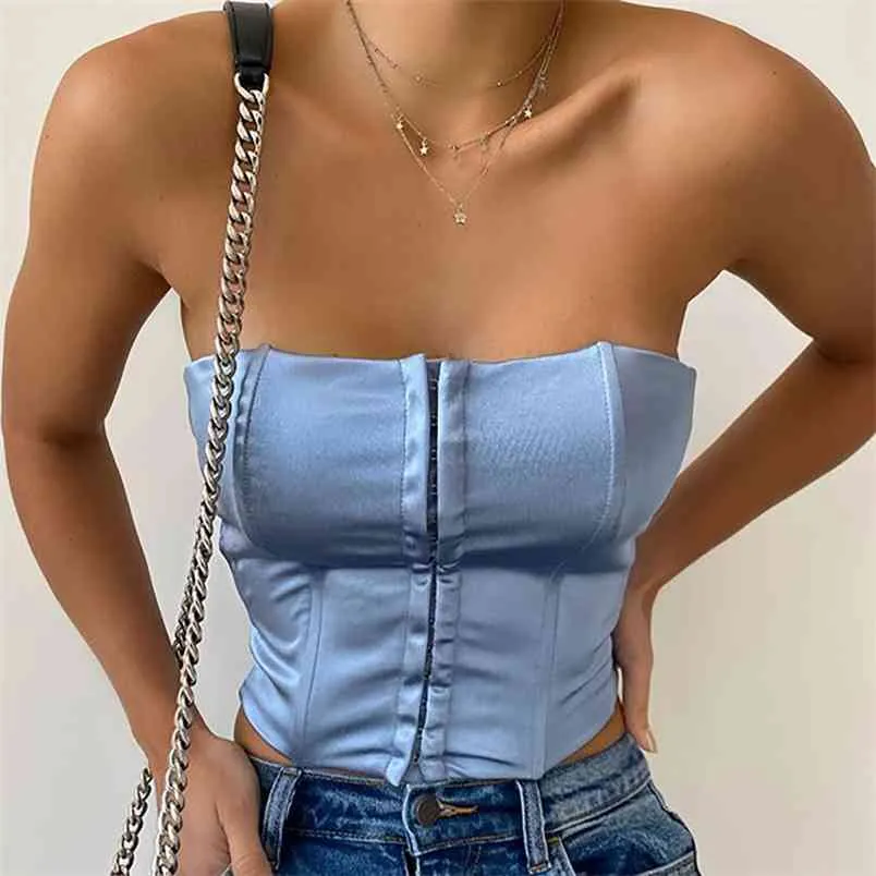 Slash Neck Strapless Off-shoulder Backless Tank Tops Summer Woman Blue Casual Slim Bottoming Sexy Corset Wrapped Chest Crop 210604