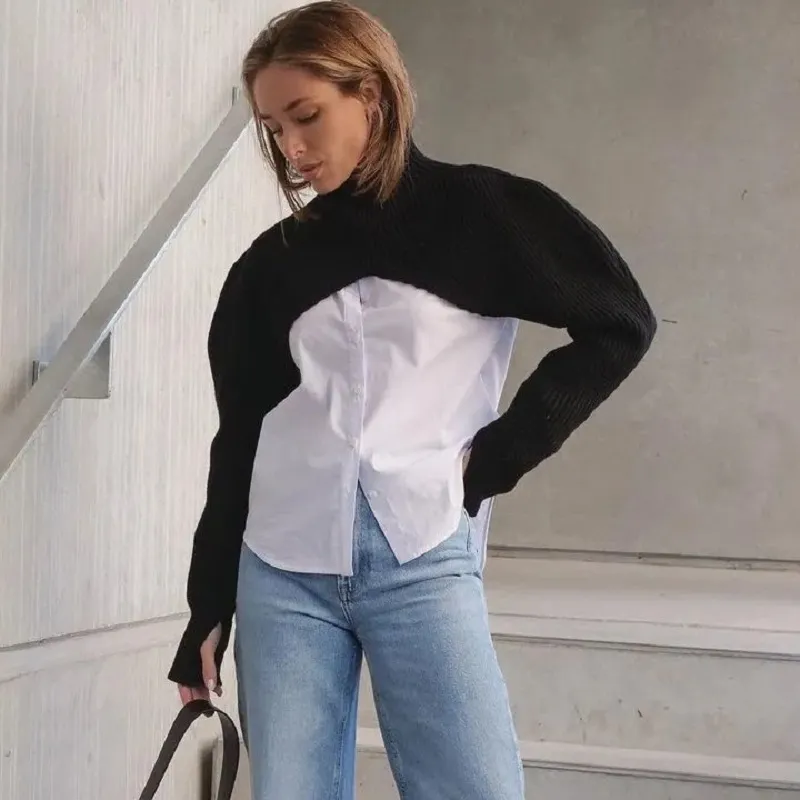 Fashion Design Donna Maglione Za Manica lunga lavorata a maglia Manica a costine Personalità Dolcevita nero Pullover spesso Top 210521