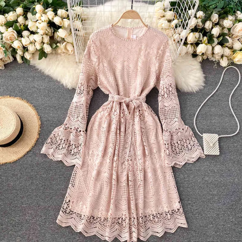Korean Lace Flare Sleeve Lace dress with Bow Drawstring for Women - Elegant A-Line Casual Wear in Solid Autumn Style with Hollow Out (210419) Korean Lace Flare Sleeve Lace dress with Bow Drawstring for Women - Elegant A-Line Casual Wear in Solid Autumn Style with Hollow Out (210419)