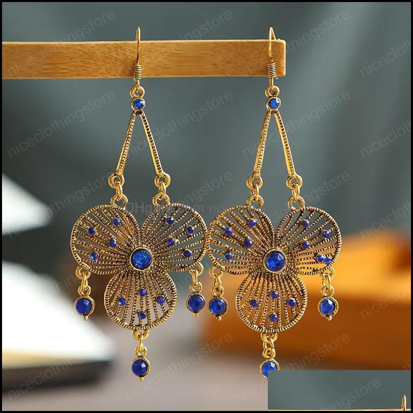 Indian Dangle Earrings Jhumka Gold Metal Hollow Flower Shaped Retro Exaggerated Ethnic Long Earrings Bohemian Women Wedding Jewelry