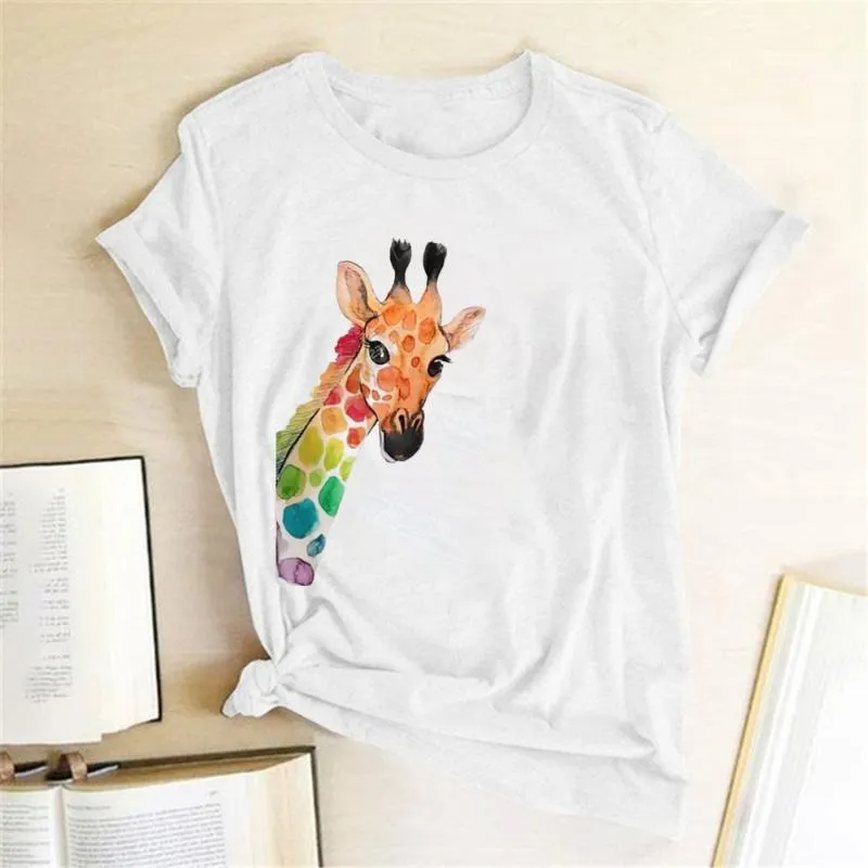 Kvinnors T-shirt Färgglada Giraffe Printed Women Summer Graphic Tee Estetiska Kläder Streetwear Crew Neck Tops för Teens Mujer Camisetas