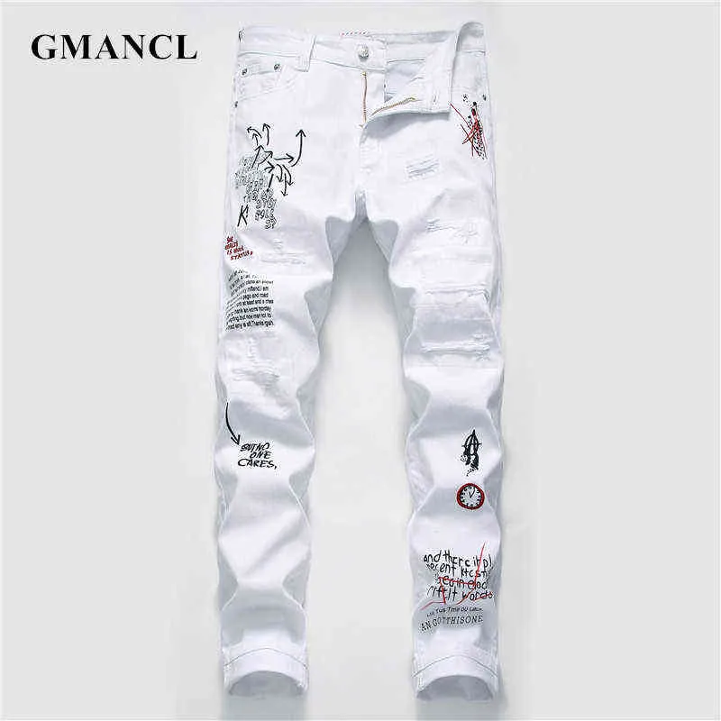 Erkekler Streetwear Kişilik Yırtık Baskılı Beyaz Sıska Kot Hip Hop Punk Casual Motosiklet Streç Denim Kot Pantolon 211120