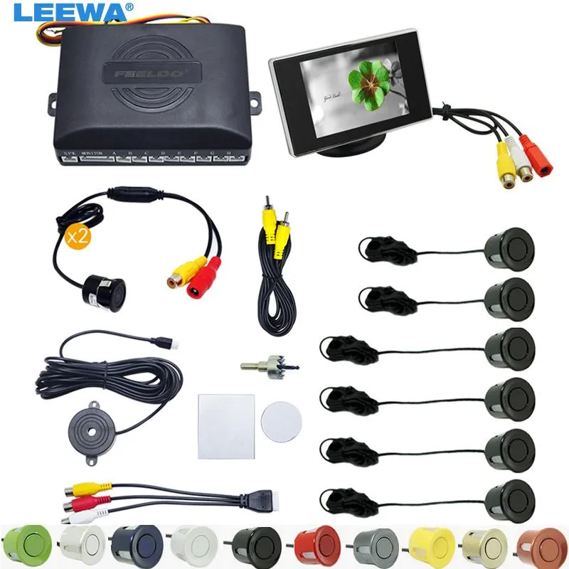 Car Rear View Cameras& Parking Sensors LEEWA 6 Front&Rear Dual Sensor Backup Radar System 3.5" Monitor 18.5mm Camera #CA4445