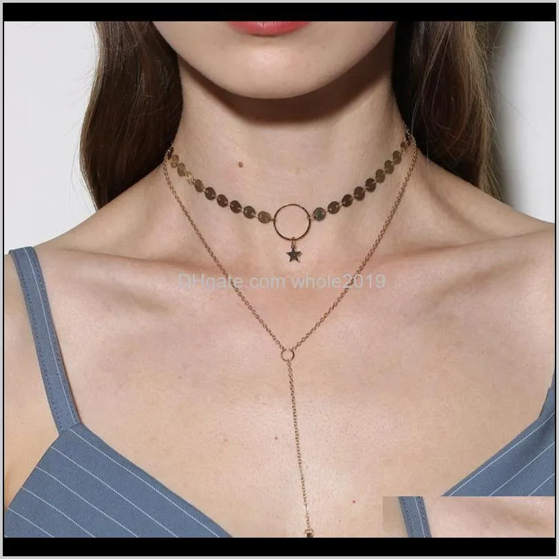 star accessory pendant bar thirough circle with lariat gold and silver plated metal choker chain two layer necklace