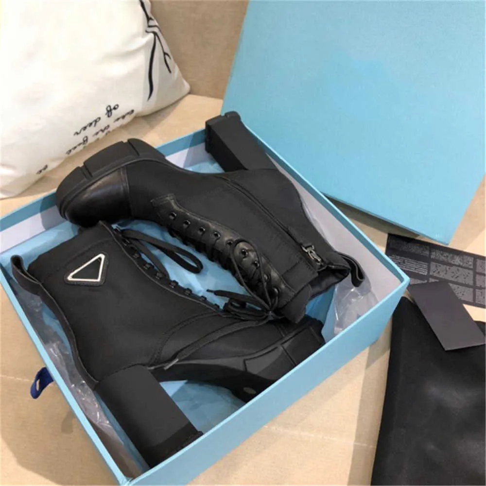 Lyxig designer kvinnor stövlar läder och nylon tyg booties ankel häl biker Australien par vinter sneakers storlek EUR 35-41