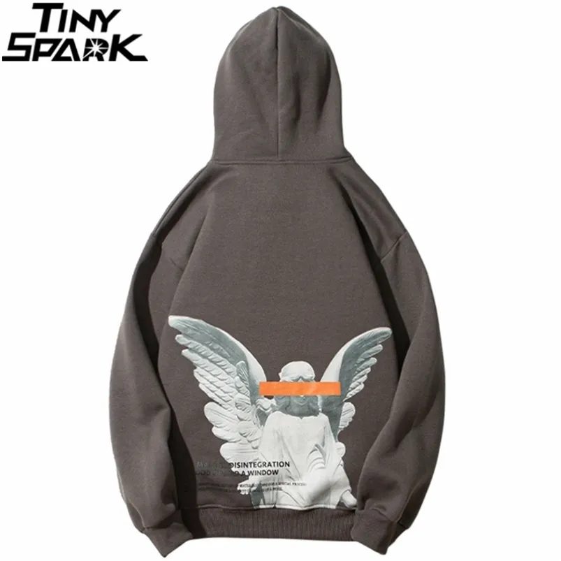 Męskie Hip Hop Streetwear Harajuku Sweter Anioł Bóg Drukowane Kieszonkowe Kieszonkowe Bawełniane Polar Pullover Gray Hooded Bluza 210818