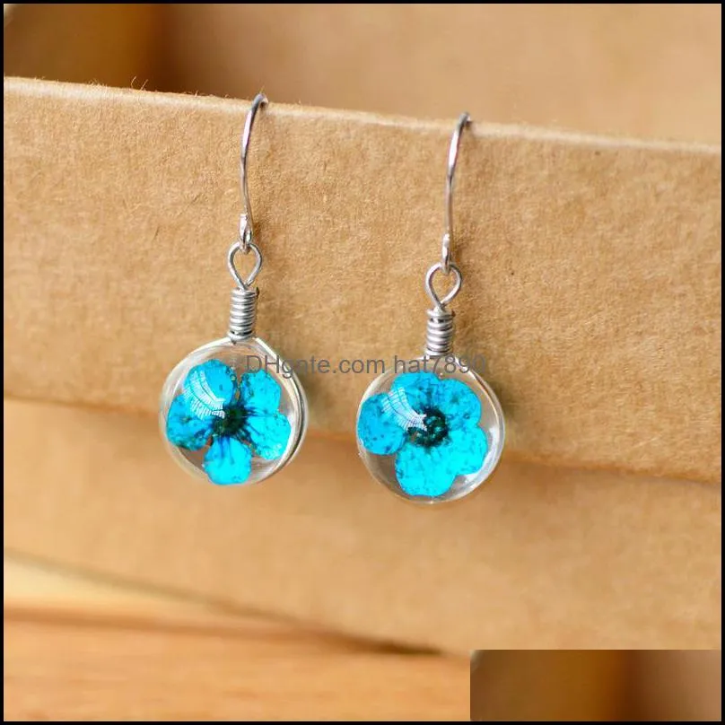 Dandelion Dried Flowers Charm Earring 6 Colors Real Daffodils Flower Earrings Glass Ball Pressed Dangle Earing Jewelry Gift Wholesale