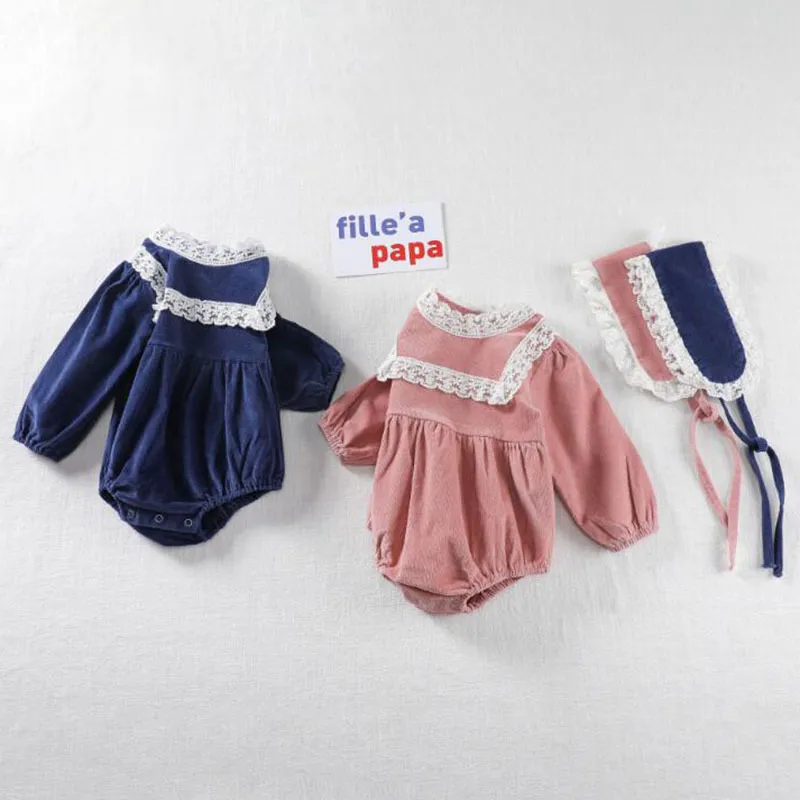 Infant Baby Corduroy Rompers Girls Long Sleeve Lace Collar Clothes And Hair Band Spring Autumn 210429