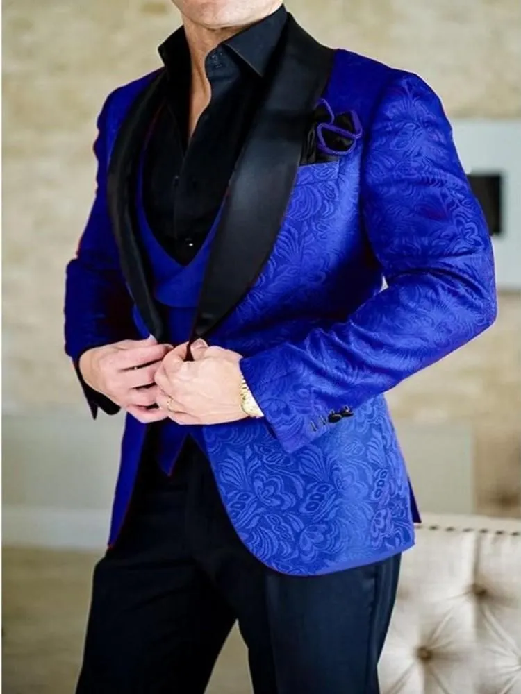 Custom Made Groomsmen Kraliyet Mavi Ve Siyah Damat Smokin Şal Yaka Erkekler Düğün Adam Suits (Ceket + Yelek + Pantolon + Kravat) Z205 Erkek Blazers